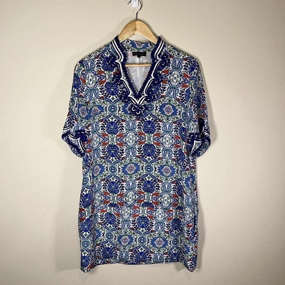 Boho Luxe 100% Silk Soutache Trim Mini Dress Blue Mosaic Print Tunic Shift